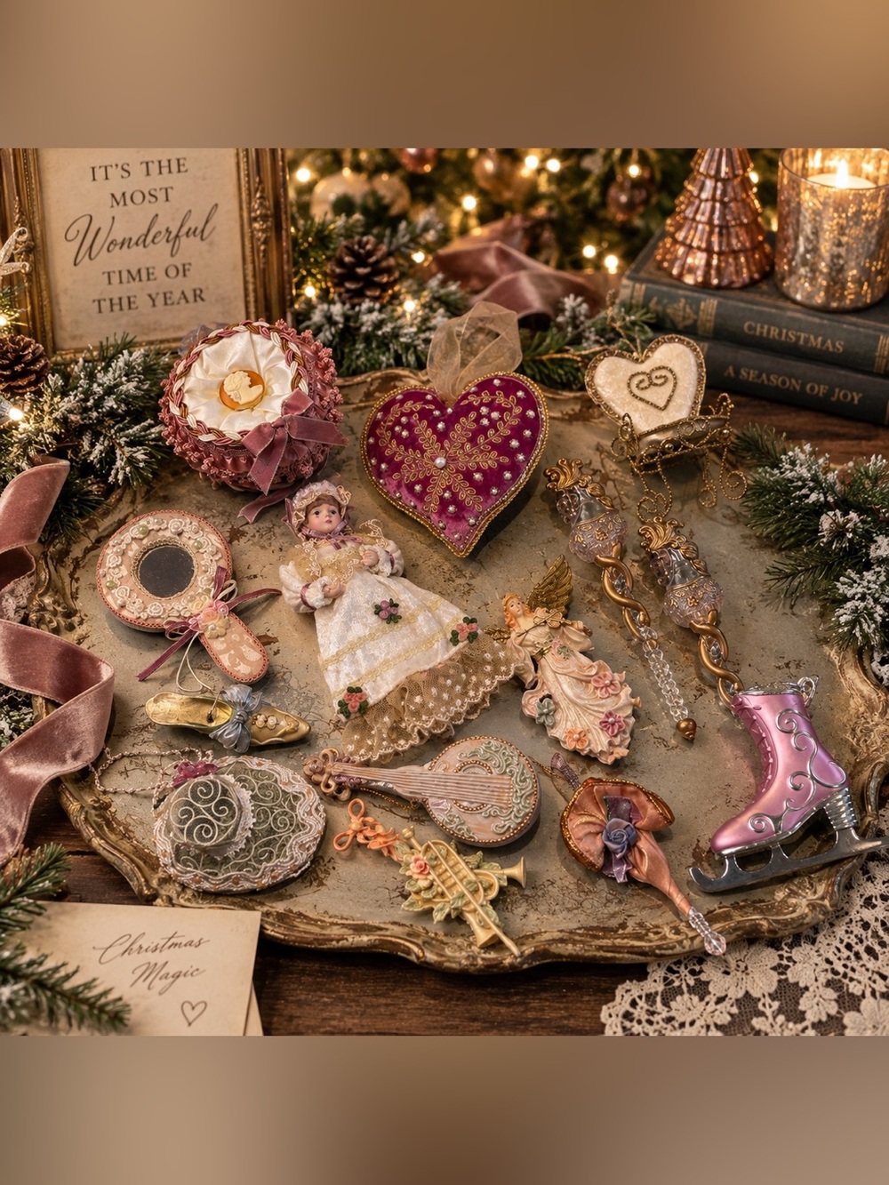 Vintage Romantic Victorian Style Christmas Ornament Lot – 14 Pc Mixed Collection